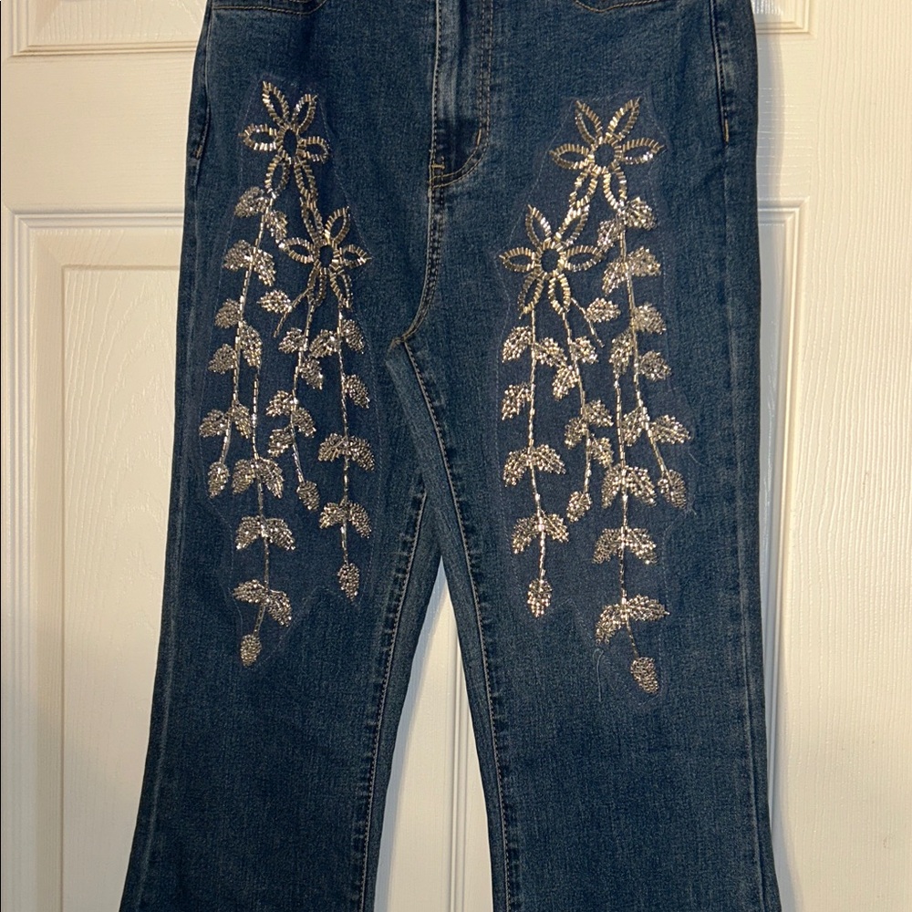 Silver Embroidered Flare Jeans